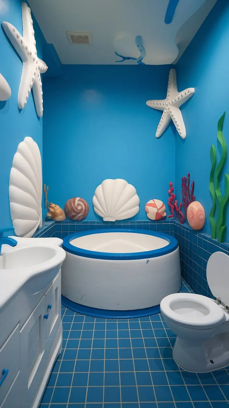Dive into fun with these bright, fun bathroom ideas! This under-the-sea themed kid bathroom, complete with Bluey, is perfect for shared bathroom ideas or a kids' guest bathroom. A whimsical space for children's bathroom ideas and kids restroom ideas.