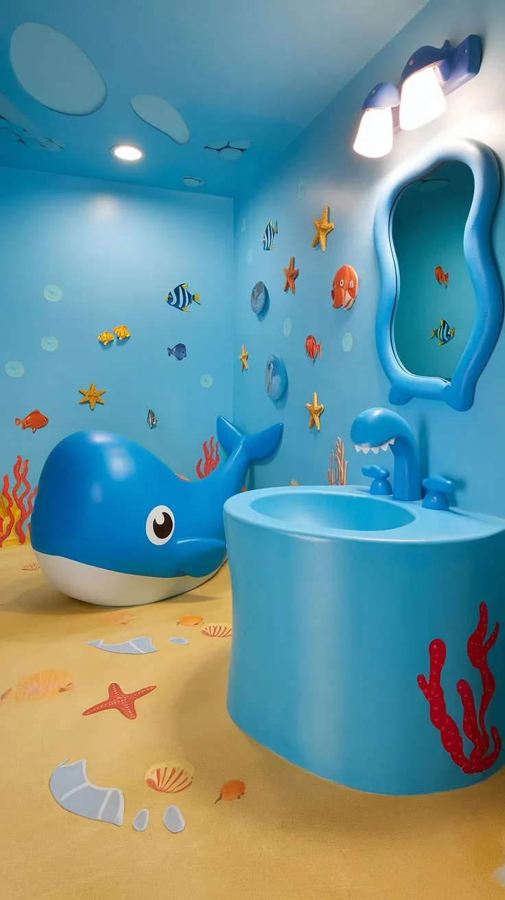Dive into a world of underwater wonder with this bright and fun kid's bathroom! Light blue walls and floors create an ocean-like atmosphere, complete with playful sea creatures painted and affixed throughout. A whale-shaped tub takes center stage, while a shark faucet and wave-shaped mirror add whimsical touches. This imaginative space offers fantastic bluey bathroom ideas, perfect as shared bathroom ideas or kids guest bathroom ideas. The design is brimming with under the sea bathroom ideas, making it an ideal kids restroom ideas or children's bathroom ideas solution.