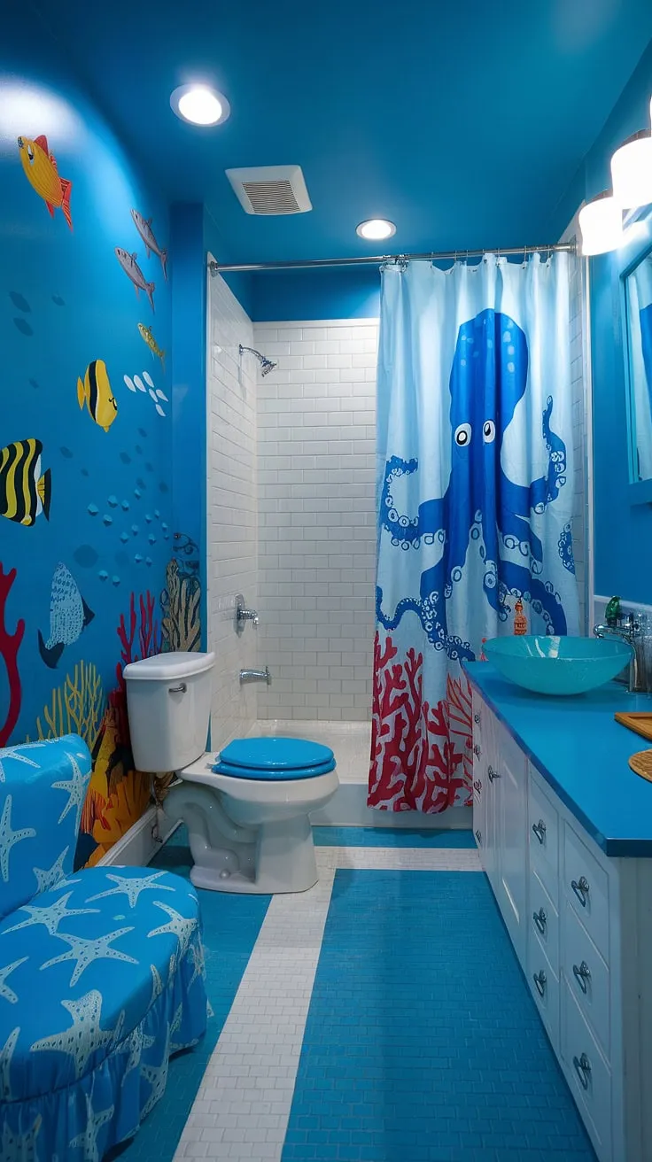 Dive into a world of underwater wonder with these bright fun bathroom ideas! This kid bathroom boasts an under the sea theme, complete with a vibrant mural, bluey bathroom fixtures, and a playful octopus shower curtain. Perfect as shared bathroom ideas or kids guest bathroom ideas, this space offers a fun and functional kids restroom design. The blue and white tiled floor complements the blue walls, creating a cheerful children's bathroom that's both stylish and practical.