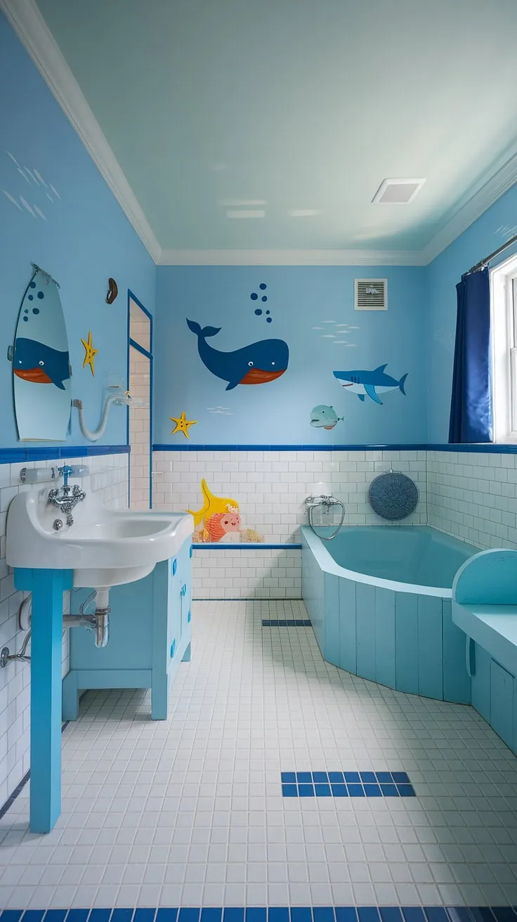 Transform your kid bathroom into an underwater wonderland! These bright fun bathroom ideas and under the sea bathroom ideas create a cheerful and imaginative space, ideal for shared bathroom ideas or a dedicated children's bathroom.