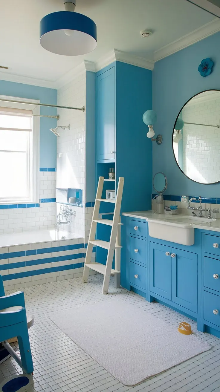 Dive into these kids guest bathroom ideas! This nautical-themed space showcases clever bluey bathroom ideas and under the sea bathroom ideas, making it ideal for shared bathroom ideas. The combination of blue and white creates a calming yet playful atmosphere, perfect for children's bathroom ideas and kids restroom ideas. The white bathtub with blue stripes, blue sink, and blue cabinet are complemented by the white tiled floor and a charming blue chair. This is a fantastic example of bright fun bathroom ideas for a kid's bathroom.