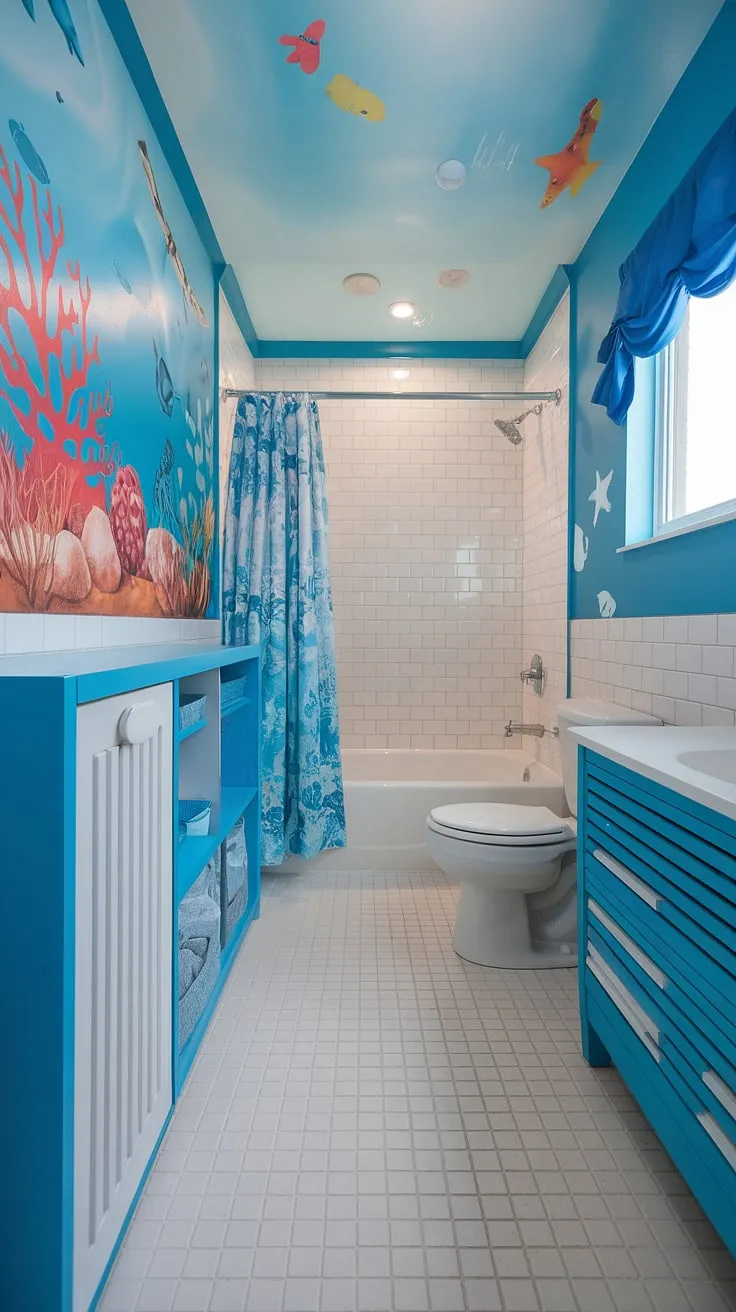 Dive into fun with these bright, bluey bathroom ideas perfect for a shared kid bathroom or kids' guest bathroom. This under the sea themed space offers plenty of inspiration for children's bathroom ideas and kids restroom ideas.