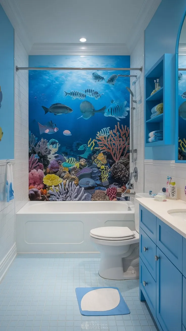 This kid bathroom's coral reef mural brings underwater wonder to bath time. Get inspired by these bright fun bathroom ideas and children's bathroom ideas for a truly magical space, ideal for shared bathroom solutions or a kids guest bathroom.