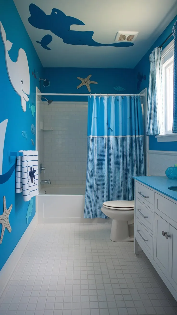 Bright fun bathroom ideas abound in this delightful under the sea kid bathroom! Perfect for shared bathroom ideas or a kids guest bathroom, this bluey bathroom design is brimming with children's bathroom ideas that will make bath time an adventure.