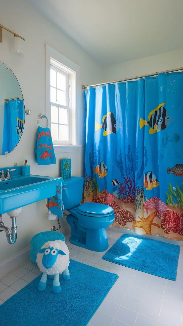 Transform your kids' restroom into an underwater wonderland with these under the sea bathroom ideas! This bright fun bathroom, perfect as a shared bathroom or kids guest bathroom, features a cheerful blue color scheme, including a blue sink and toilet. Sea creature-themed towels and a Bluey toy complete the bluey bathroom ideas. This children's bathroom, filled with natural light, offers a fun and functional space for kids, showcasing the best in kids bathroom design.