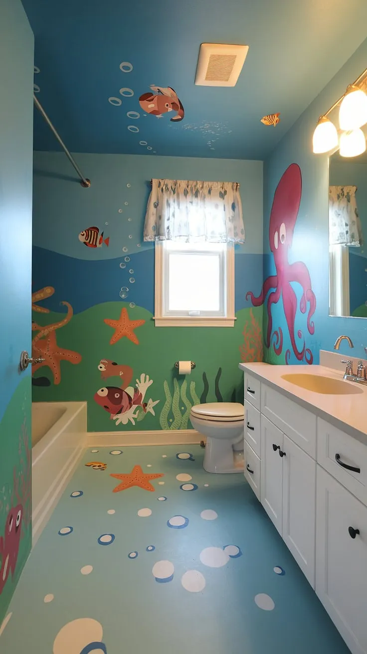 Dive into a world of underwater wonder with these bright fun bathroom ideas! This kid bathroom boasts an enchanting under the sea theme, featuring a gradient bluey bathroom design, playful sea creatures like fish, starfish, and a friendly octopus, and a bubbly floor. Perfect as shared bathroom ideas or kids guest bathroom ideas, this kids restroom offers a fun and imaginative space for little ones. It's a fantastic example of children's bathroom ideas that transform a functional space into a whimsical underwater adventure.