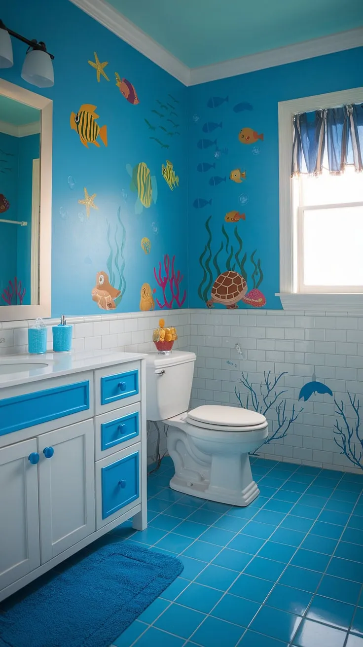 This enchanting kid bathroom showcases the best of bright fun bathroom ideas with its captivating under the sea theme. The blue walls are alive with marine life, making it a truly unique space for children's bathroom ideas or a fun shared bathroom. The white vanity with blue accents and the blue and white tiled floor complement the ocean-inspired décor. A blue rug near the toilet adds a touch of coziness, making this kids guest bathroom a delightful retreat. Consider this a perfect example of bluey bathroom ideas for your little one.