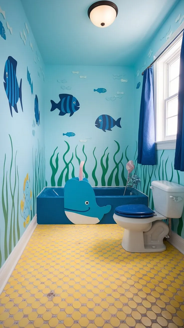 Dive into a world of underwater wonder with these bright fun bathroom ideas! This kid bathroom boasts an under-the-sea theme, complete with playful blue fish and seaweed adorning the walls, a cheerful yellow star-tiled floor, and a blue bathtub featuring a whimsical whale spout. Perfect as a shared bathroom, kids restroom, or even a kids guest bathroom, this children's bathroom design offers a fun and functional space for little ones. Bluey bathroom ideas come to life in this enchanting space, making bath time an adventure.