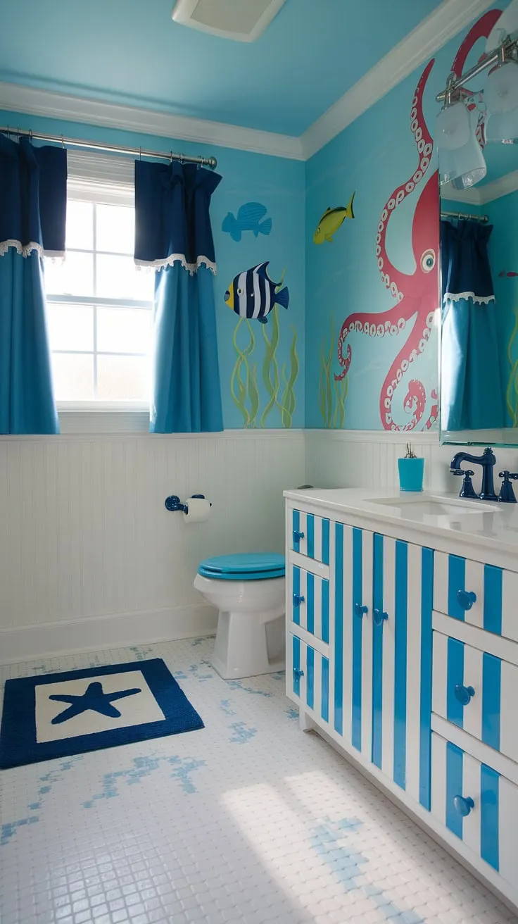 This kid bathroom is pure magic! Under the sea bathroom ideas meet bluey bathroom ideas in this bright, fun space. Perfect for shared bathroom ideas or a kids guest bathroom, this design offers creative kids restroom and children's bathroom ideas everyone will adore.