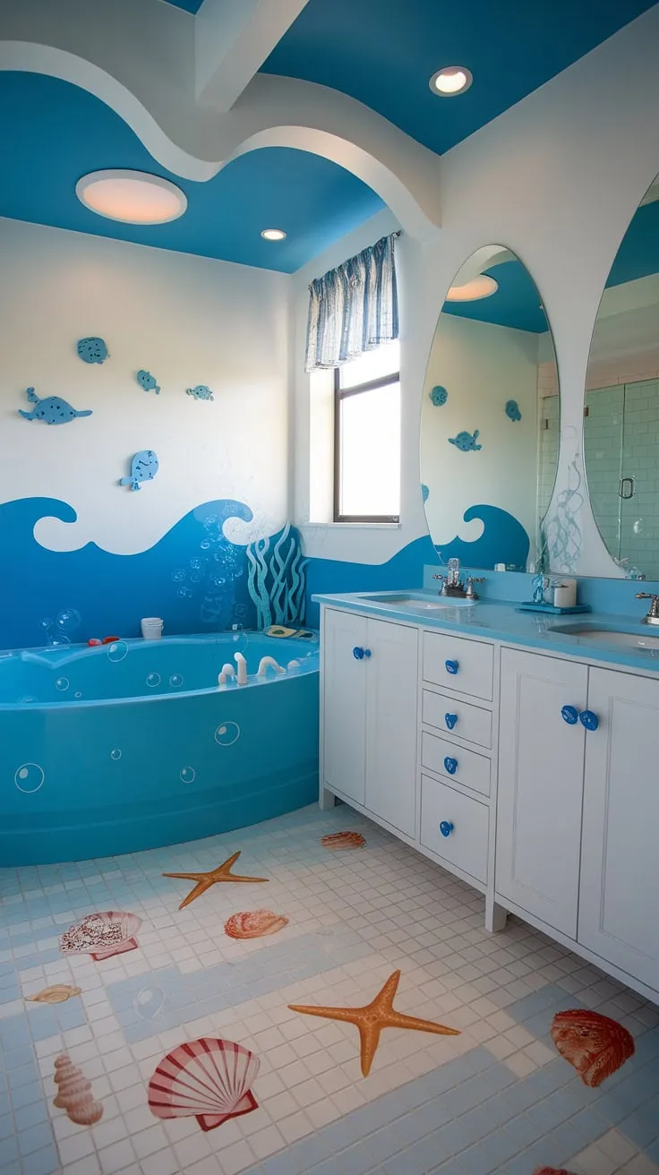 Dive into fun with these bright, bluey bathroom ideas perfect for a shared kid bathroom or kids guest bathroom. This under the sea bathroom design offers plenty of kid bathroom inspiration, transforming a kids restroom into a whimsical underwater world.