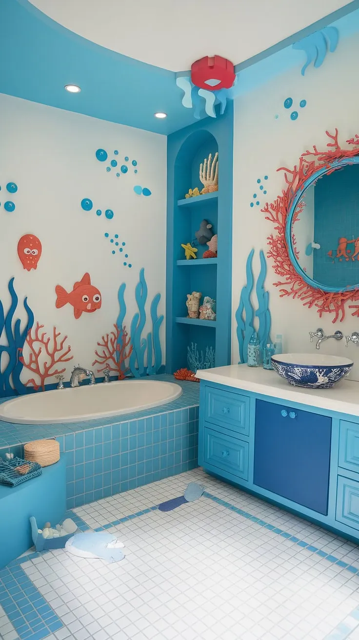 Make a splash with these children's bathroom ideas! This kid bathroom's under the sea theme and bluey bathroom design create a fun and imaginative kids restroom, ideal for shared bathroom ideas or a kids guest bathroom.