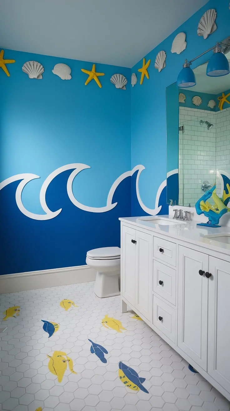 Transform your kids' restroom into an ocean paradise! These kid bathroom ideas, featuring a bright and fun under the sea theme, are perfect for shared bathroom ideas and offer inspiration for children's bathroom ideas and kids guest bathroom ideas.