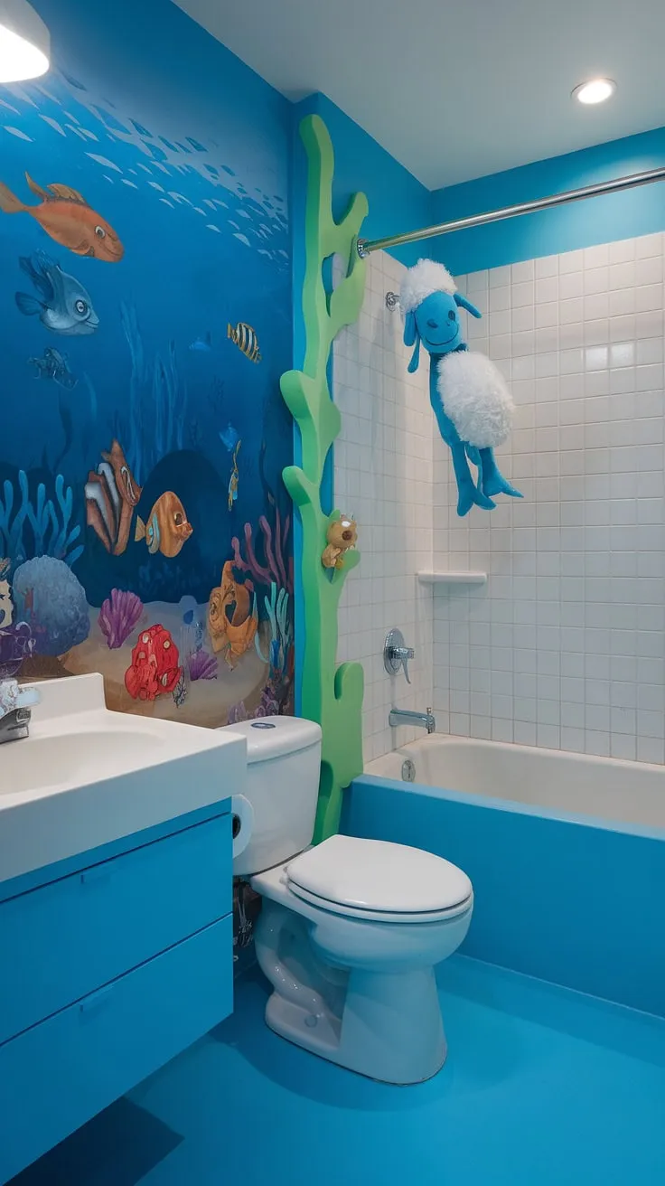 Dive into fun with these bright, shared kid bathroom ideas! This under-the-sea themed space, complete with a Bluey plush, offers playful kids restroom ideas perfect for siblings or guests.