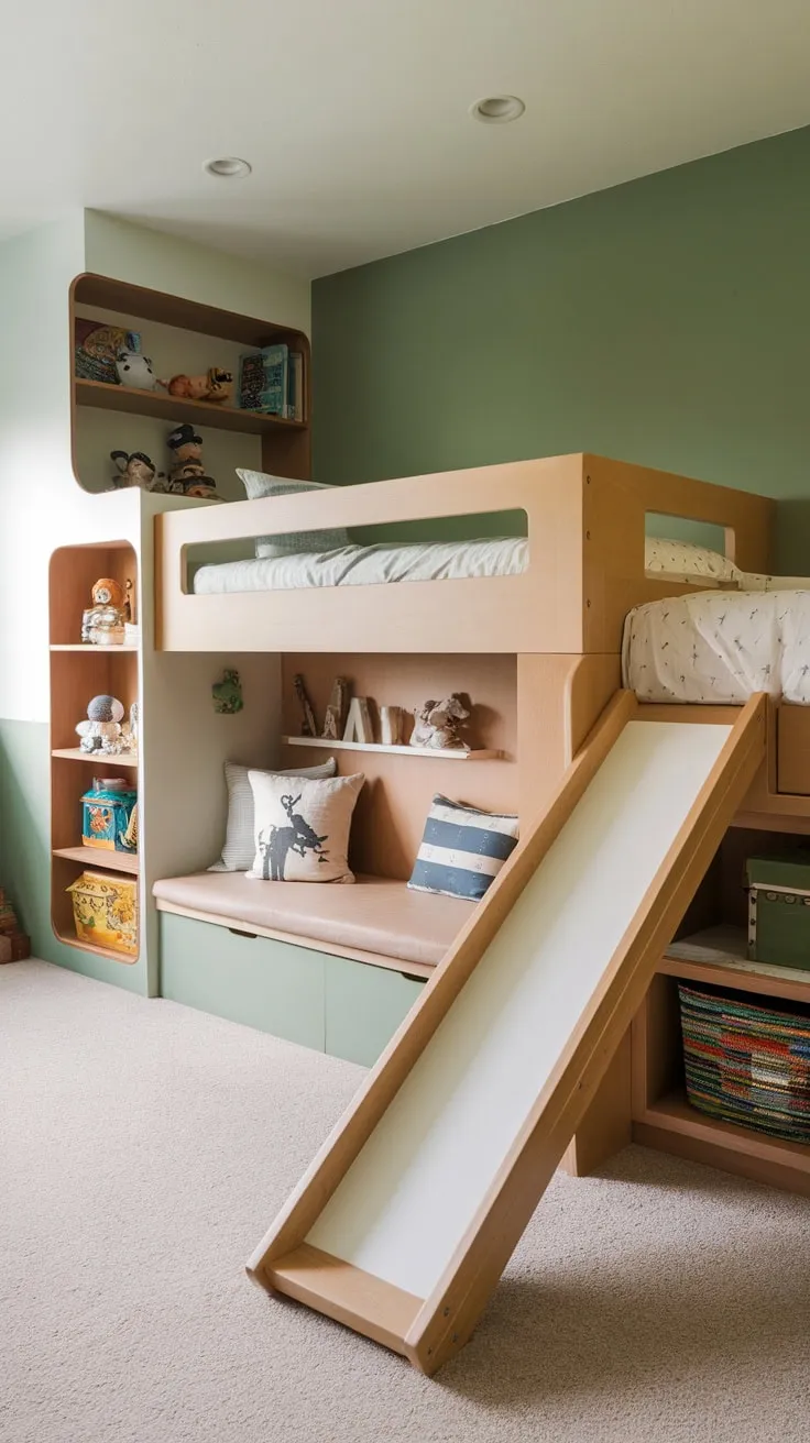 Space-saving bunk beds and built-in storage create a playful and organized children's bedroom.