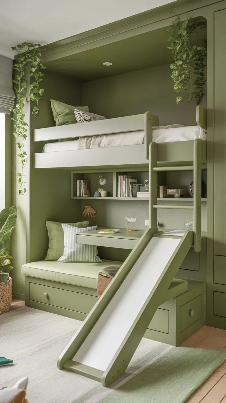 A green kids' room boasts a built-in bunk bed with slide, ladder, and integrated storage including shelves and a desk, maximizing space and fun.