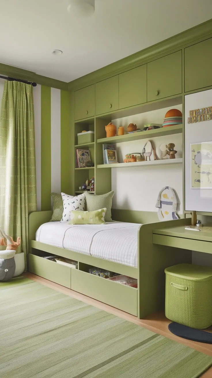 A green-themed kids' room boasts built-in bed storage, a pull-out bench, and shelving maximizing space and playfulness