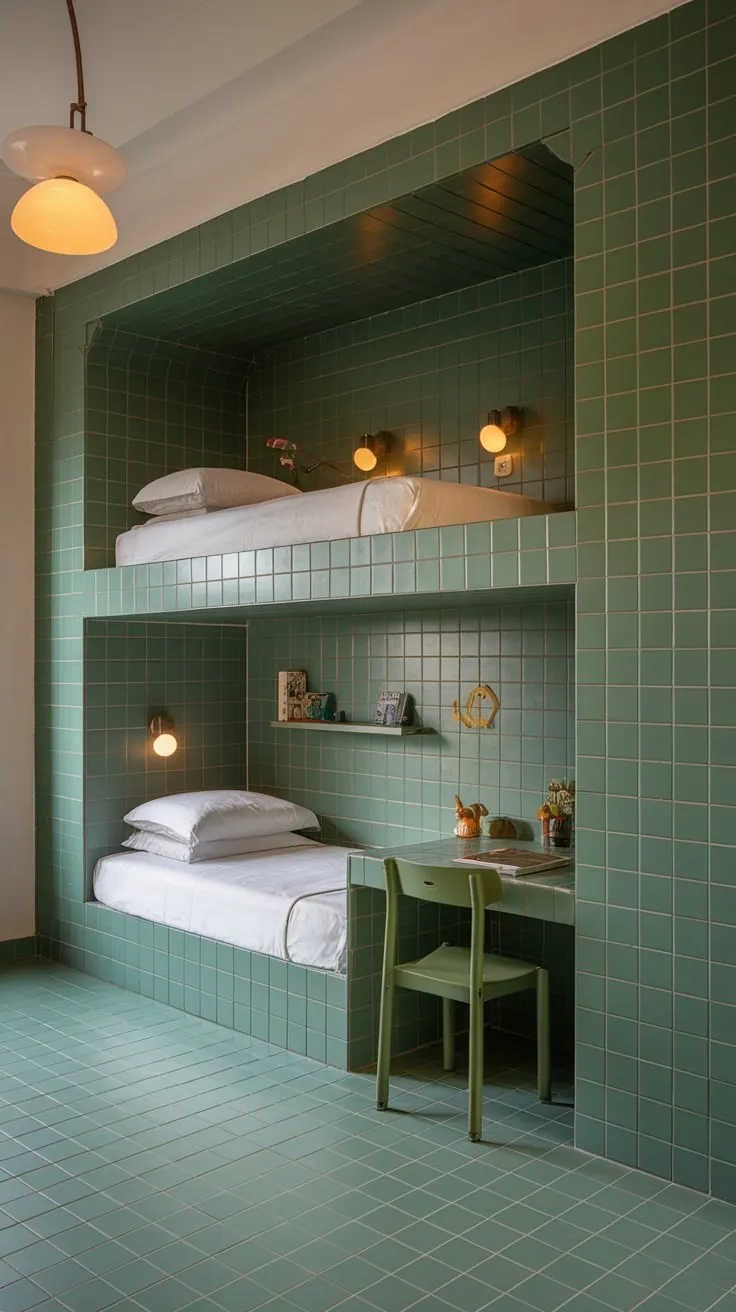 Built-in bunk beds and clever storage solutions create a warm and stylish kids' room with a stunning green feature wall.