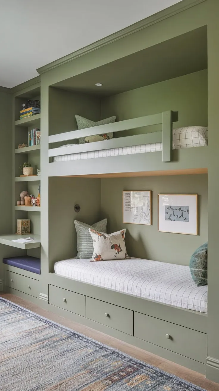 Space-saving built-ins transform a kids' nook into a stylish and functional bedroom with a green bunk bed, desk, and seating.