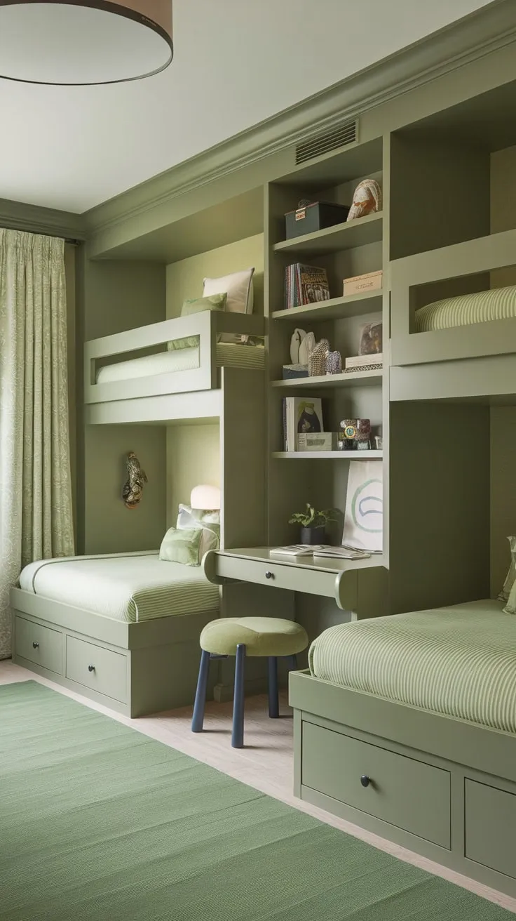 Built-in bunk beds and clever storage solutions transform a kids' room into a functional and aesthetically pleasing green sanctuary.