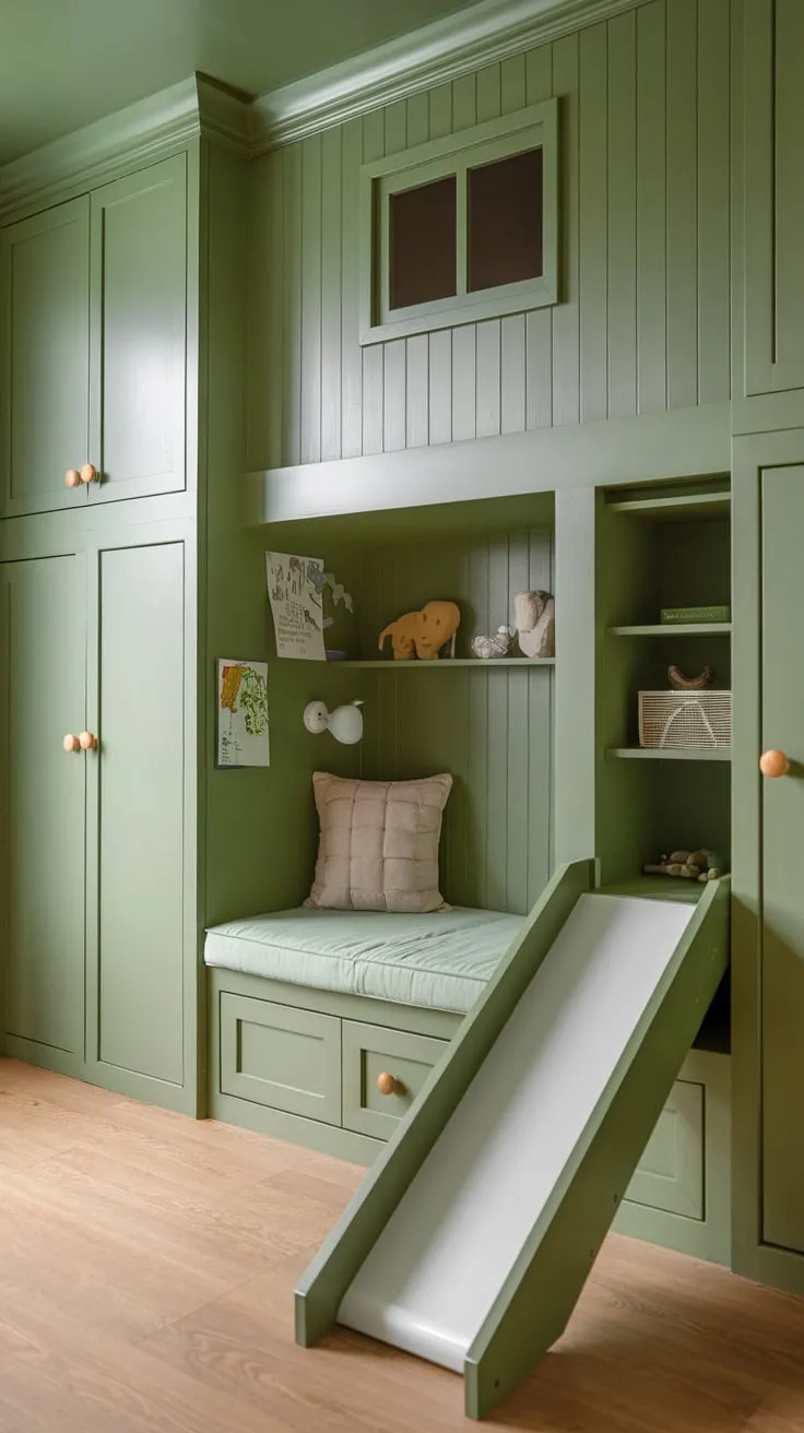 A green-themed kids' room boasts a built-in bunk bed with slide, ample storage, and a cozy window seat, maximizing space and fun