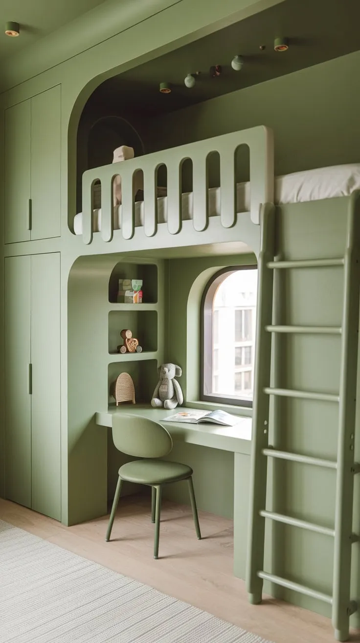 A charming green bedroom maximizes space with a built-in bunk bed, a windowed bed nook, and clever storage to keep toys and clutter at bay.