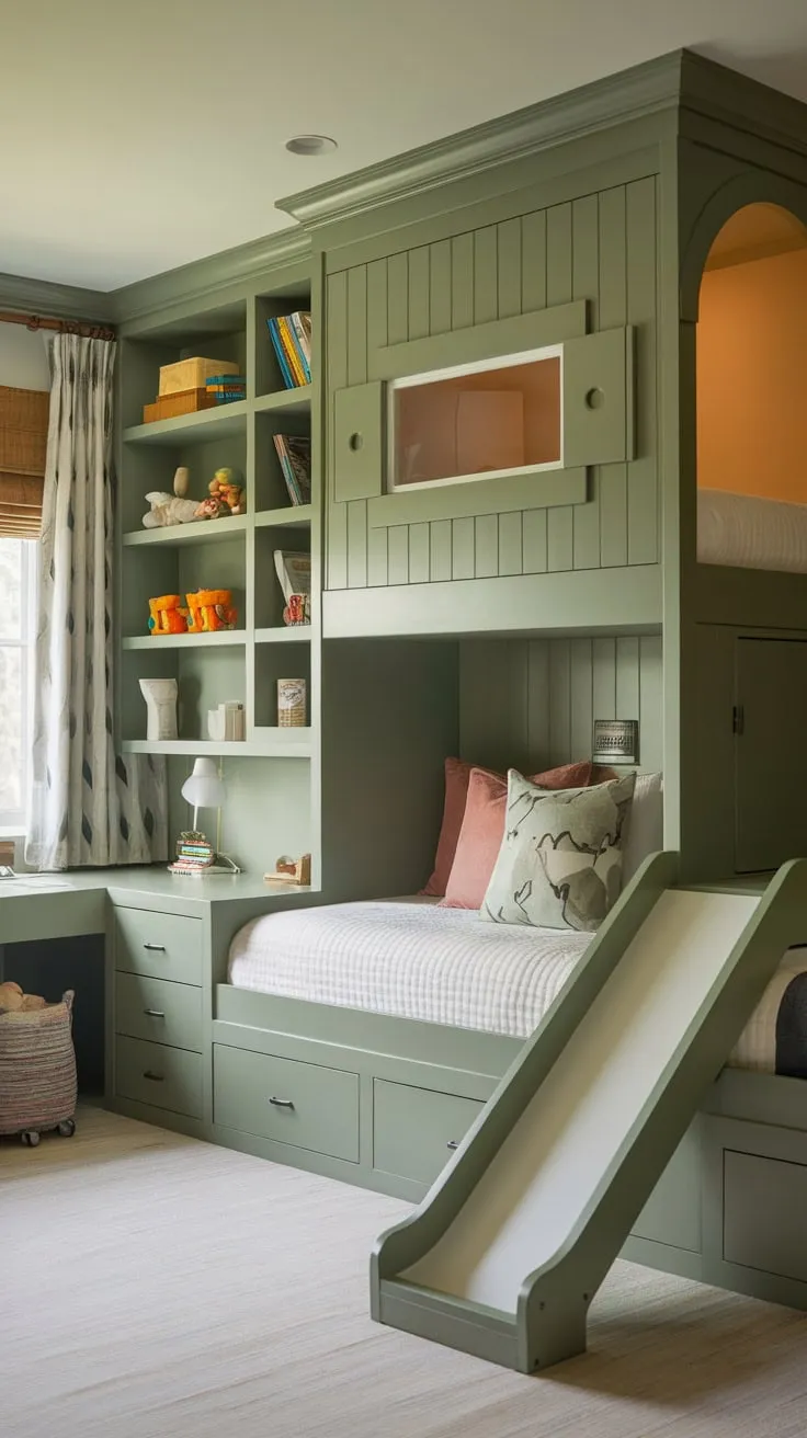 A dreamy green children's room boasts a built-in bunk bed with slide, ample storage, and a cozy atmosphere perfect for play and rest