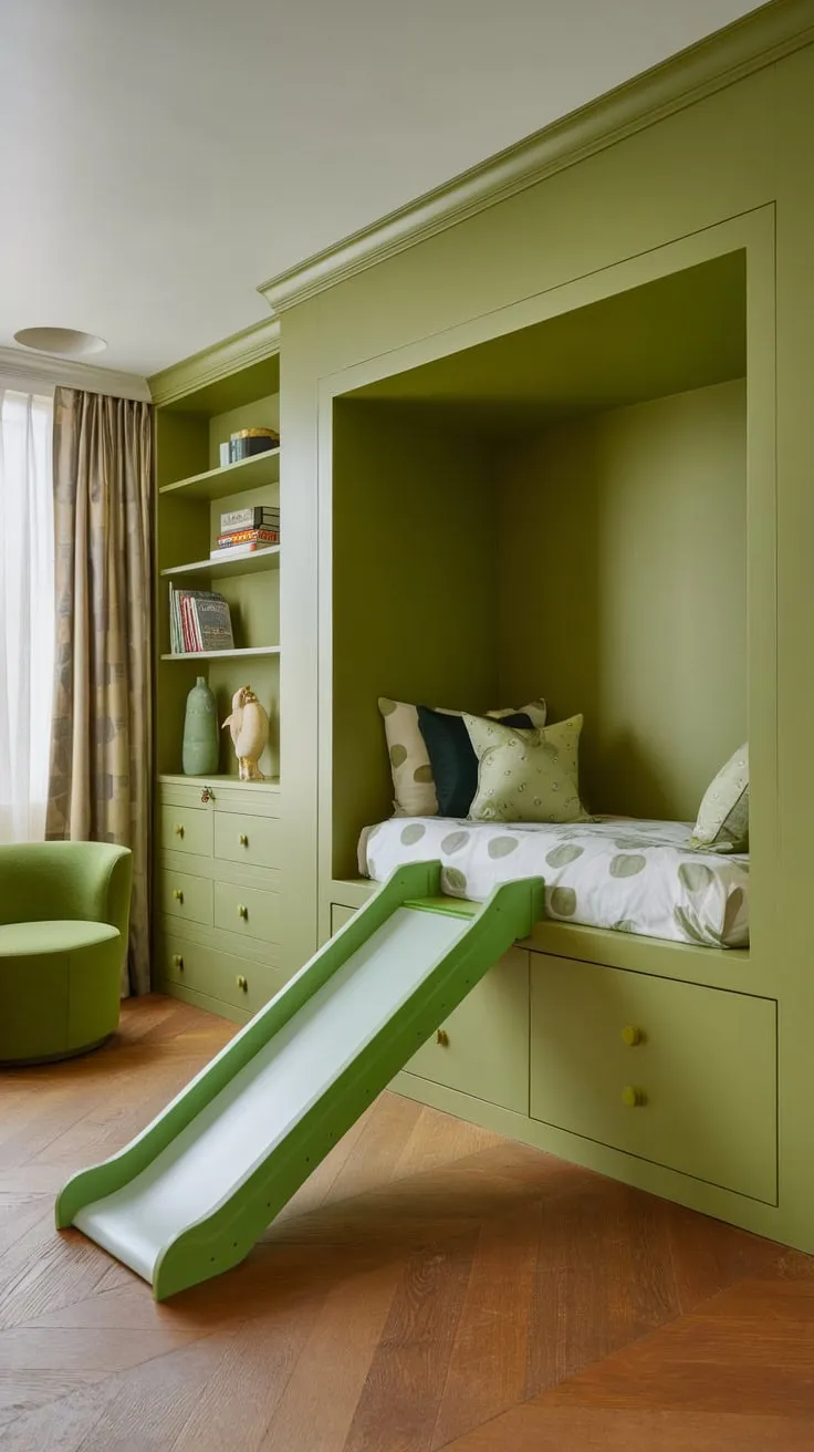 Clever built-in storage maximizes space in this charming green children's bedroom featuring a slide and cozy nook.