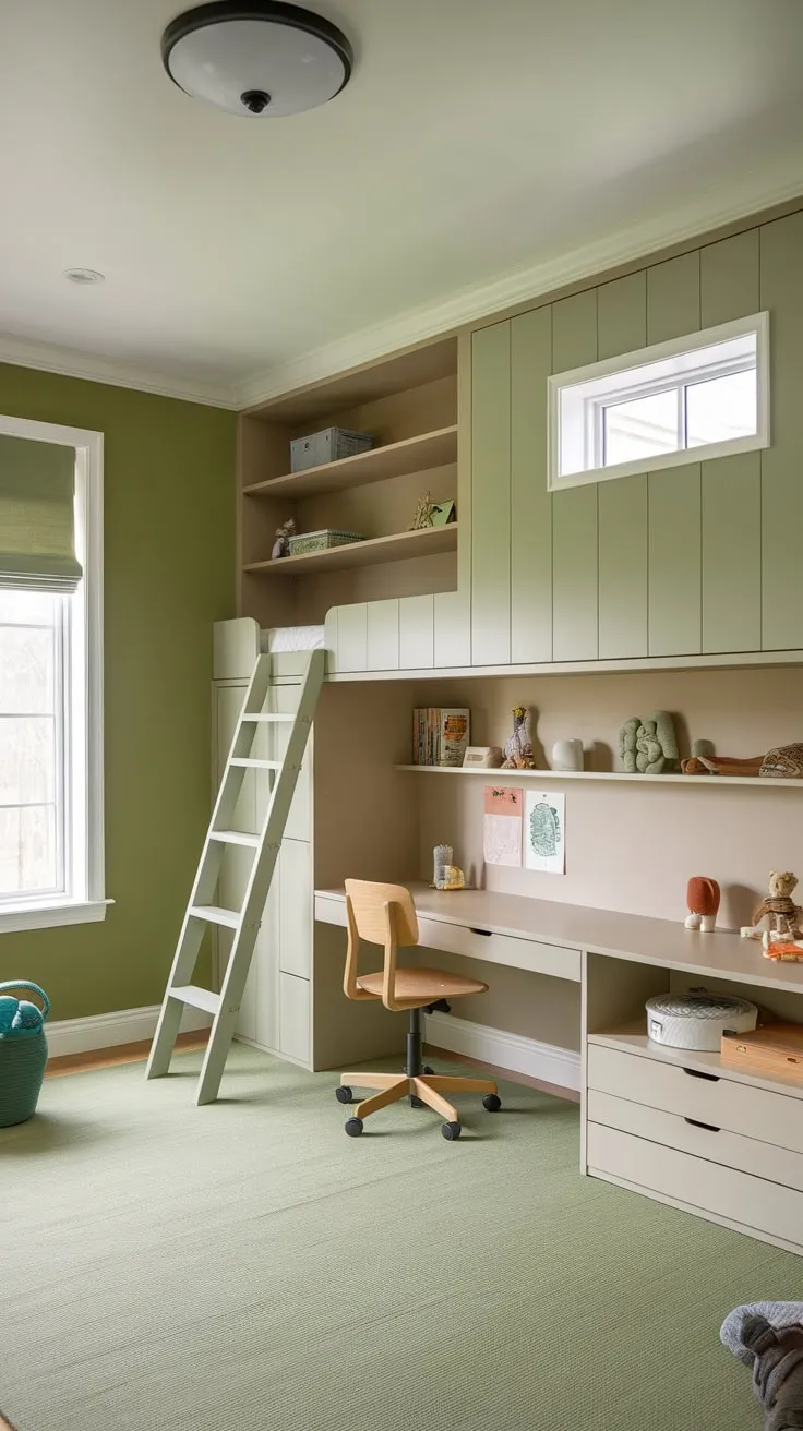 A space-saving kids' room boasts a built-in bunk bed with shelves, a desk, and clever storage solutions maximizing play space