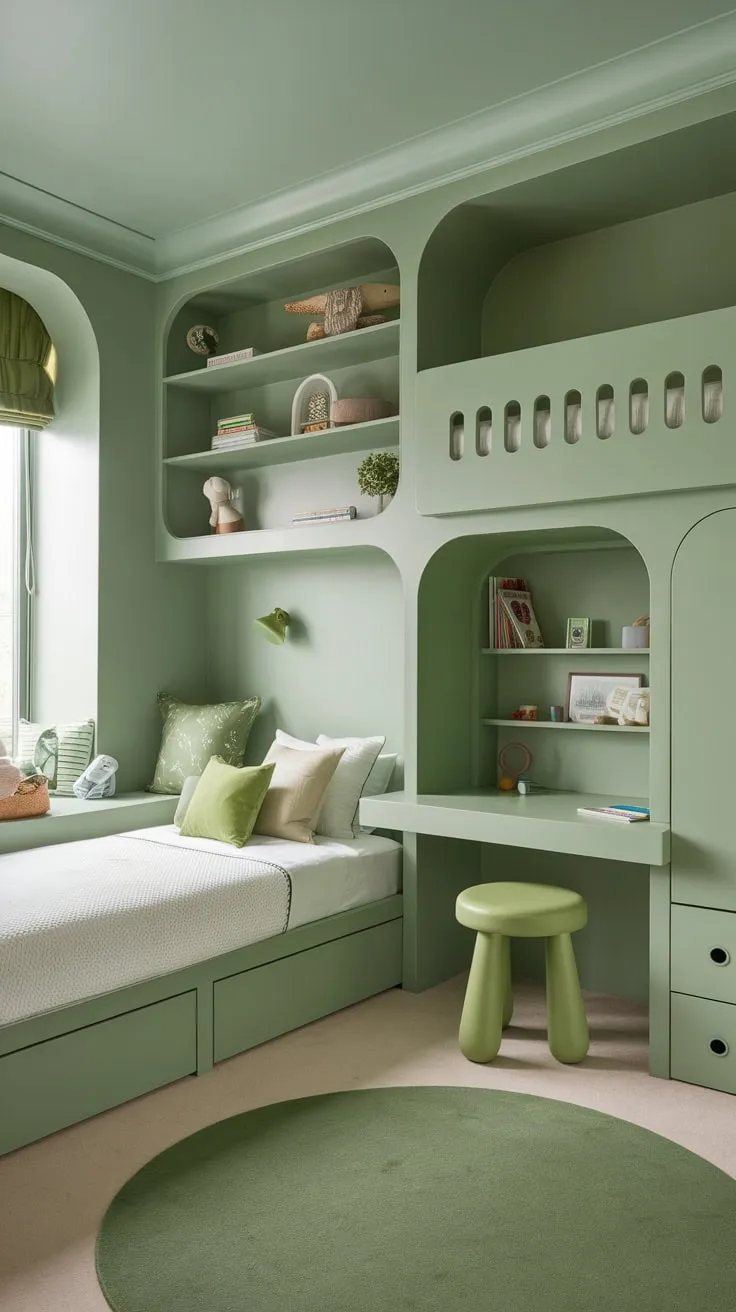 A calming green children's bedroom boasts built-in storage solutions including a bed, desk, and shelves maximizing space for play and rest
