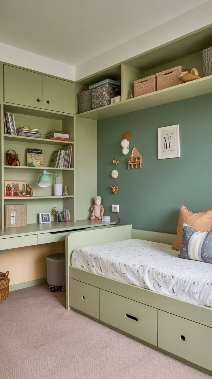 Clever built-in furniture maximizes space and style in this kids' room, blending functionality with charming décor