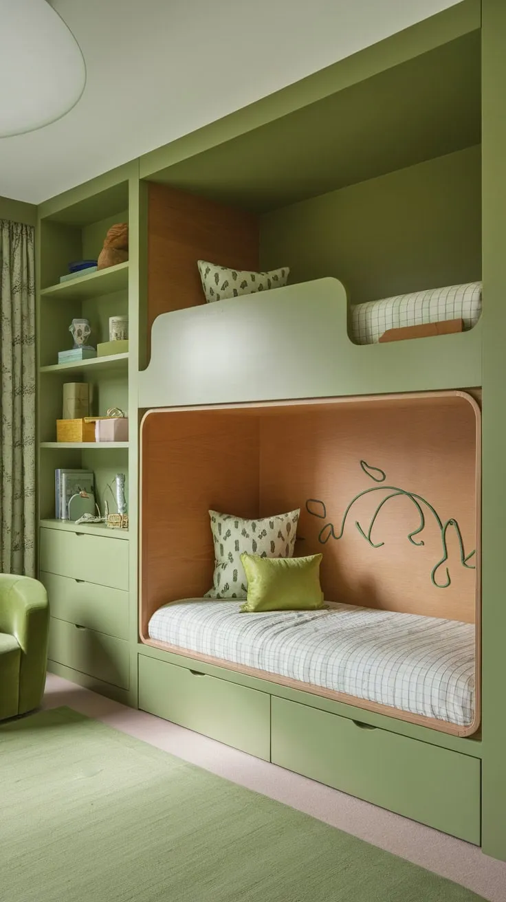 A charming green children's room boasts a built-in bunk bed with a reading nook and ample storage shelving, creating a playful and organized space