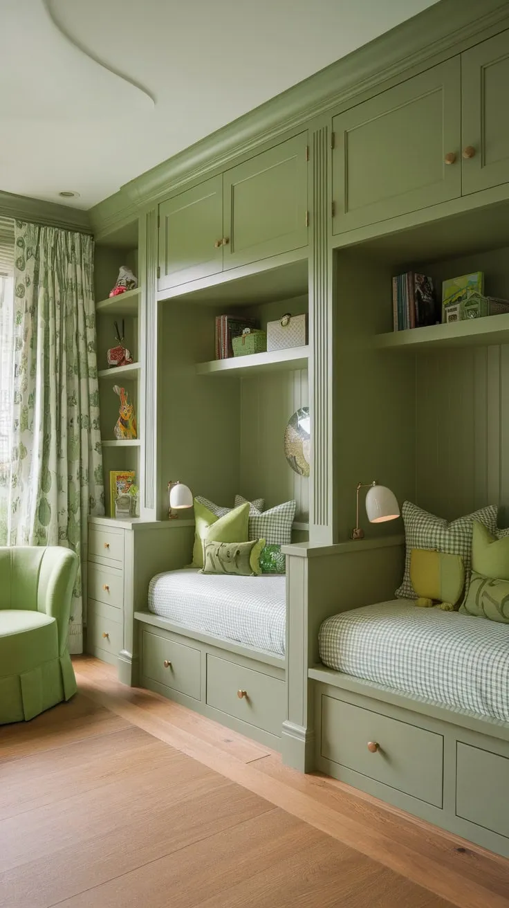 A cozy green-themed kids' room boasts built-in beds with ample storage, creating a playful and organized space