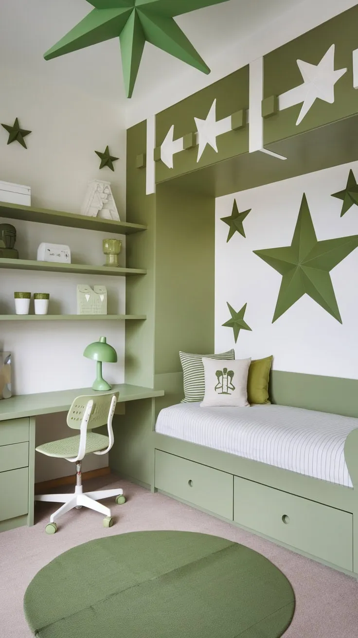A dreamy green and white star-themed kids room boasts built-in storage, a desk, and charming decor