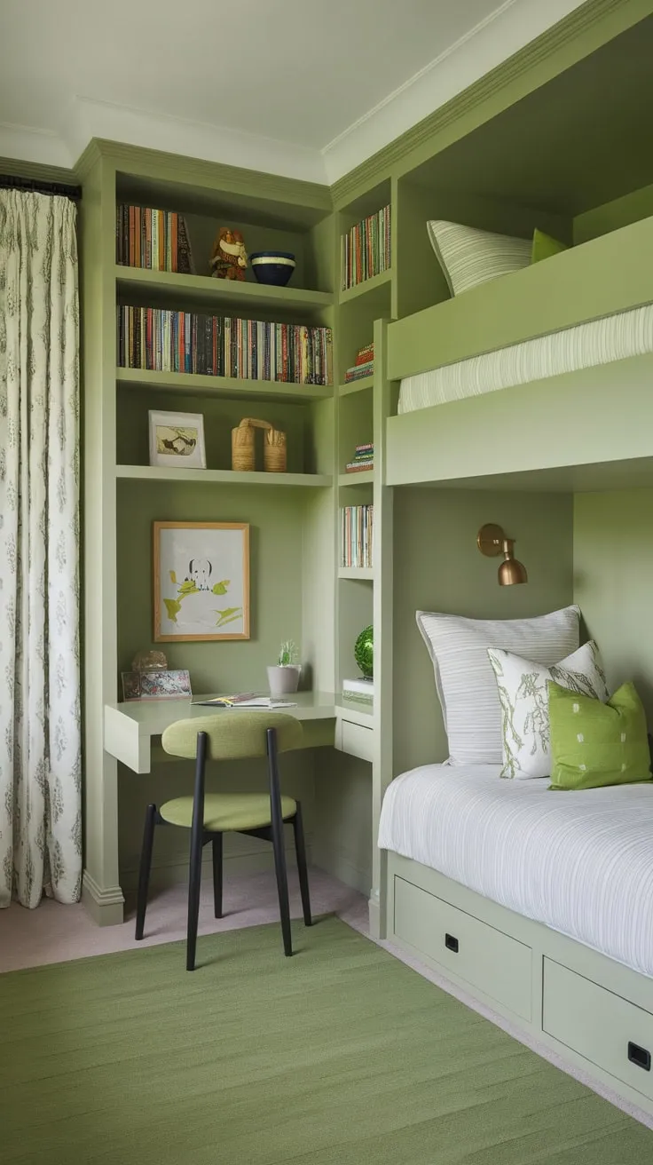Built-in storage solutions transform a green kids' bedroom into a functional and aesthetically pleasing haven.