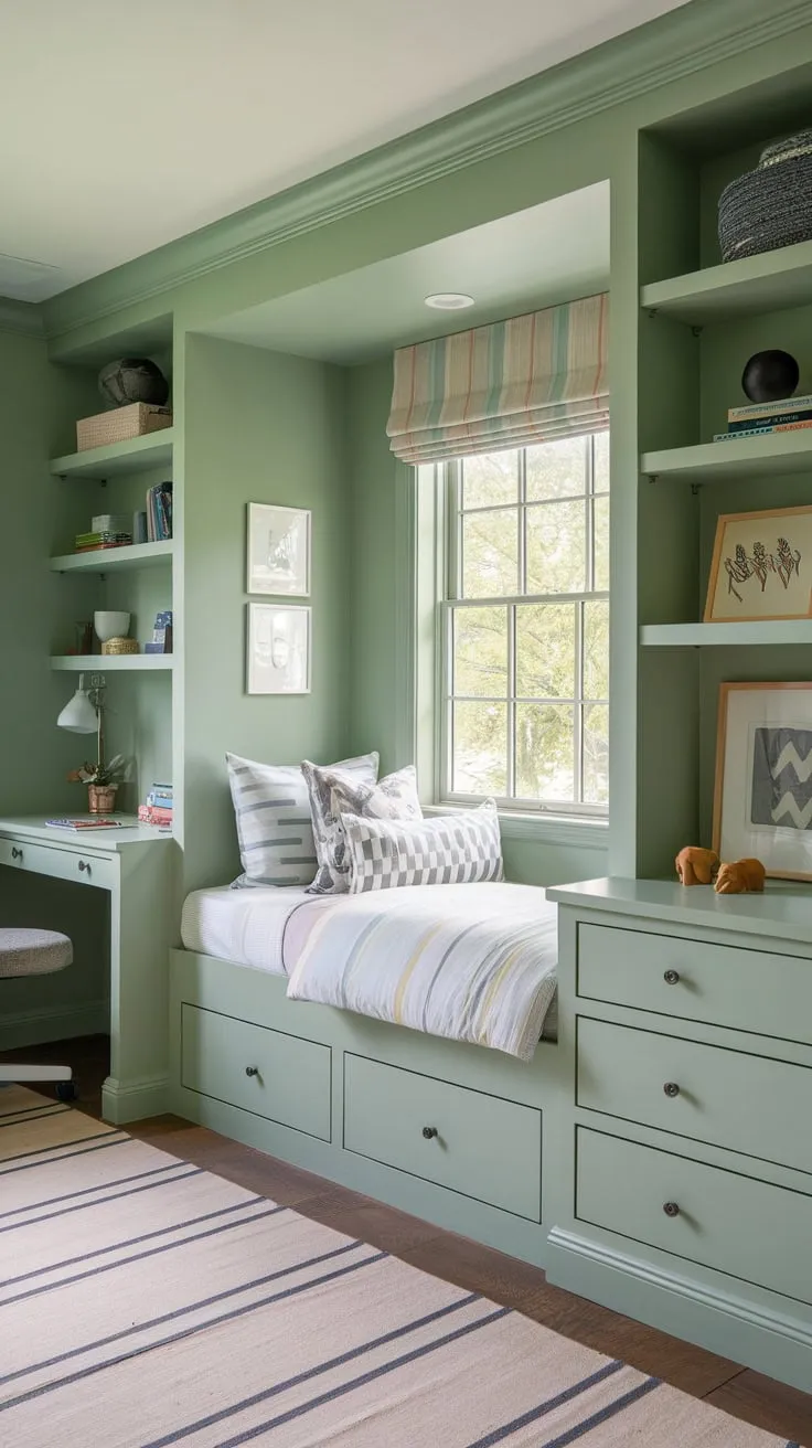 Smart built-in storage solutions transform a green kids' bedroom into a functional and stylish haven.