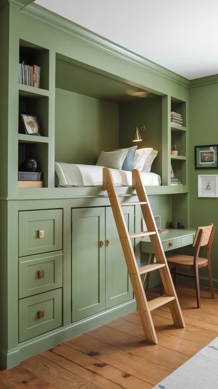 Clever built-in storage in a green kids' bedroom creates a functional and whimsical space.