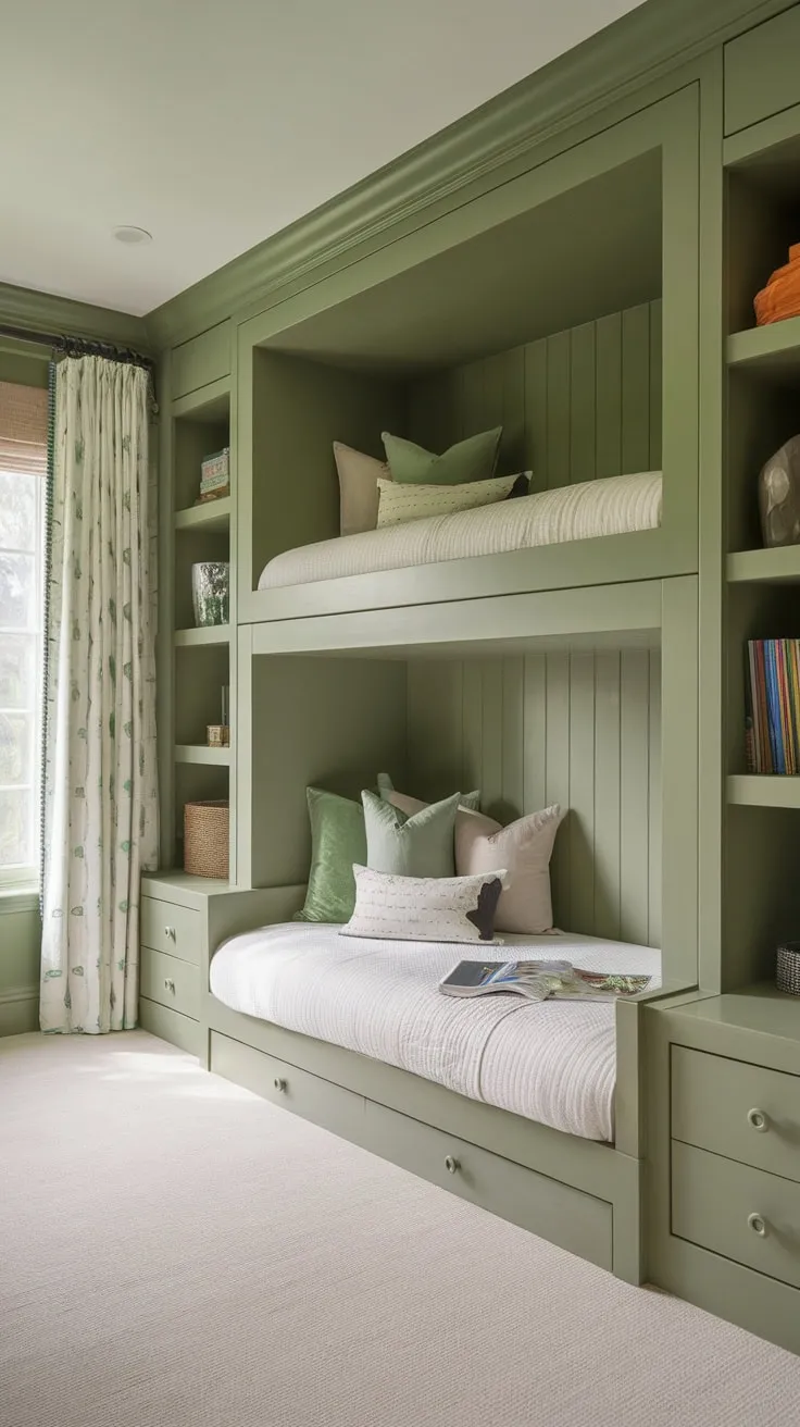Built-in bunk beds and smart shelving create a dreamy green kids' room perfect for play and rest.