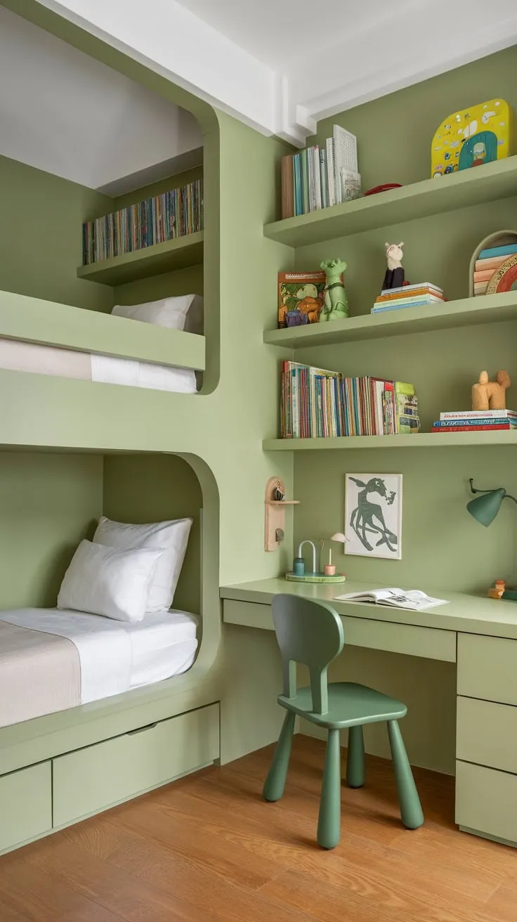 Clever built-in storage maximizes space in this charming green children's bedroom, featuring bunk beds, a desk, and abundant shelving.