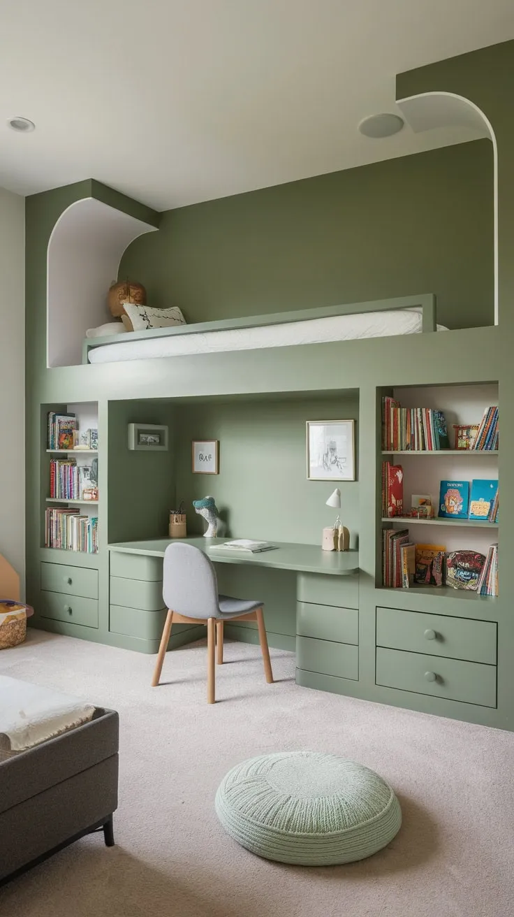 A bright children's room boasts built-in bunk beds, desks, and bookshelves maximizing space and storage