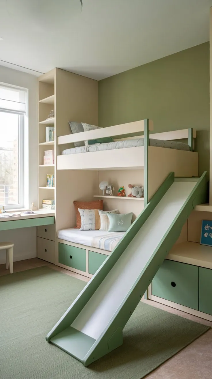 Built-in storage and a playful bunk bed with slide create a fun and functional children's bedroom.