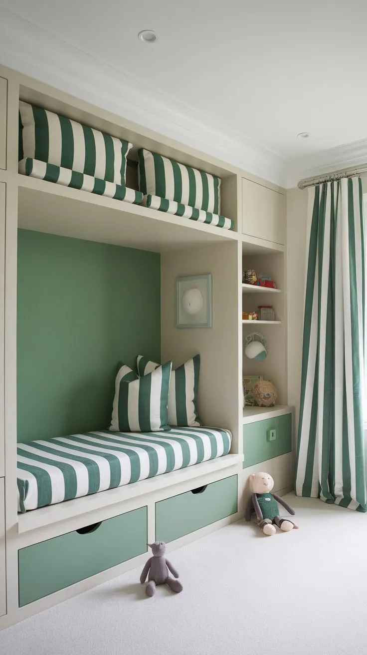 A green-accented kids' room boasts ingenious built-in storage solutions, transforming a small space into a stylish and organized haven.