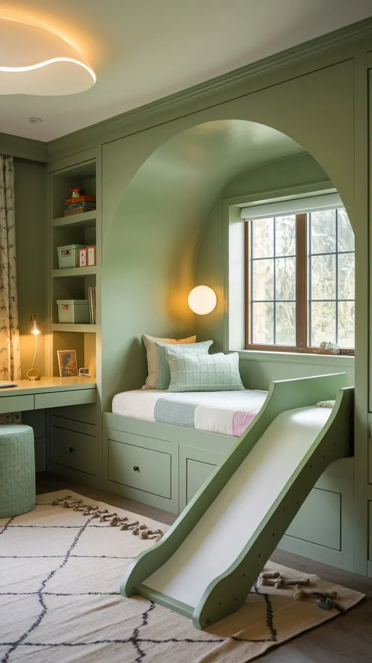 A cozy green children's bedroom boasts built-in storage, a slide-equipped bed, and a cheerful workspace