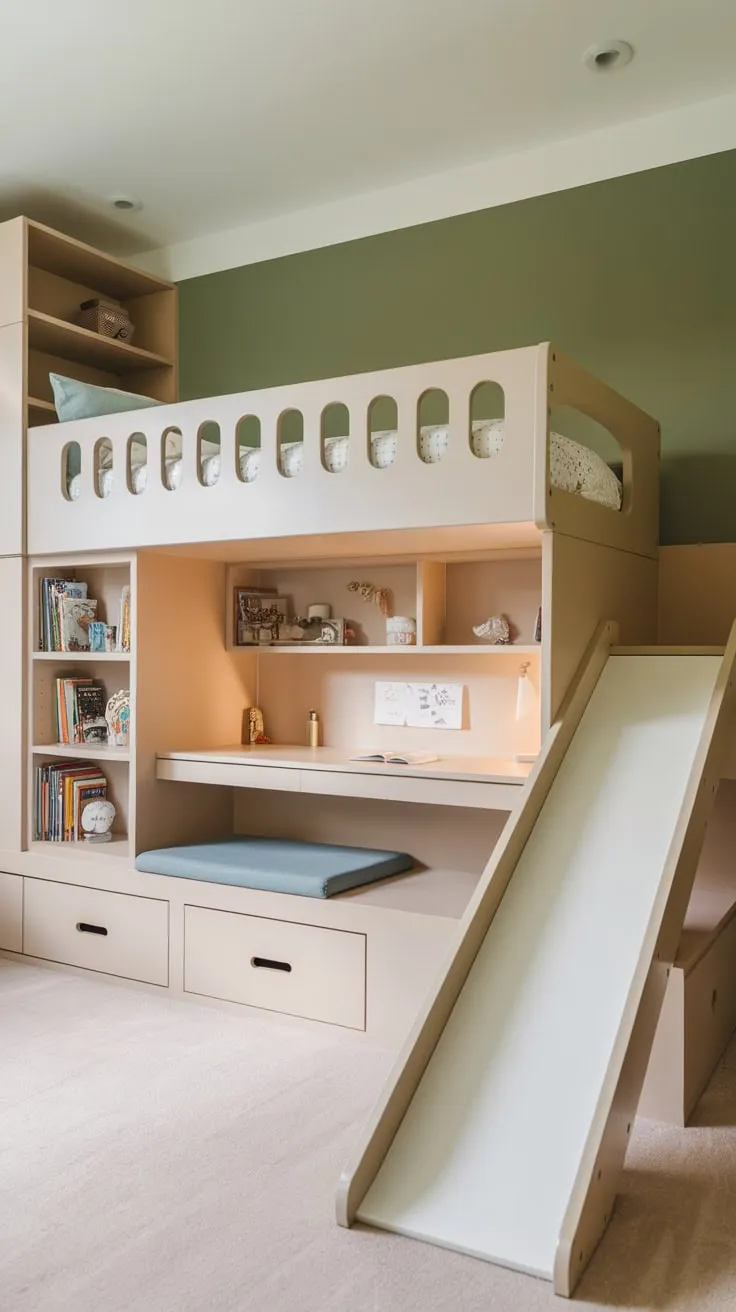 Maximize space and fun in your child's room with a built-in bunk bed, slide, desk, bookshelf, and bench, all complemented by a vibrant green accent wall
