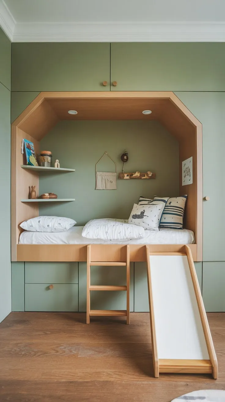 Maximize space and fun in this kids' room featuring a bunk bed with slide, ample built-in storage, and a playful green design.