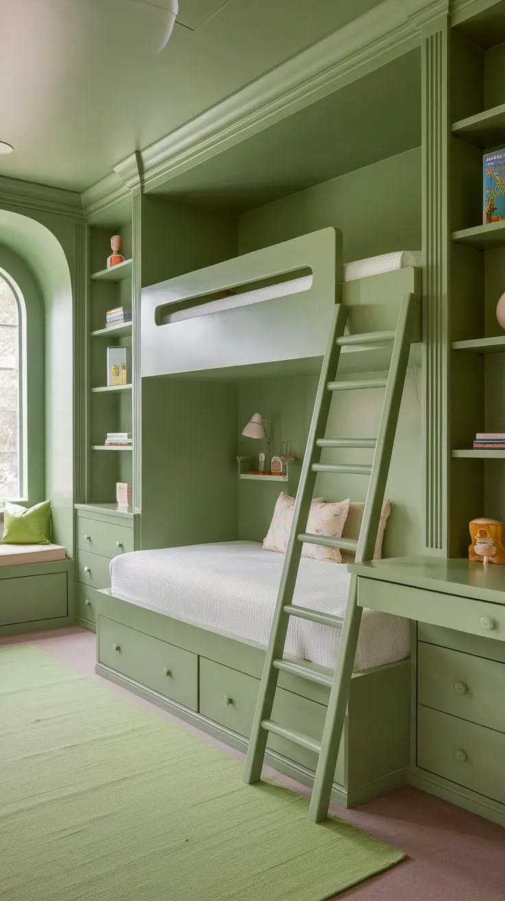 A cleverly designed green children's room maximizes space with built-in bunk beds, desk, shelves, and seating