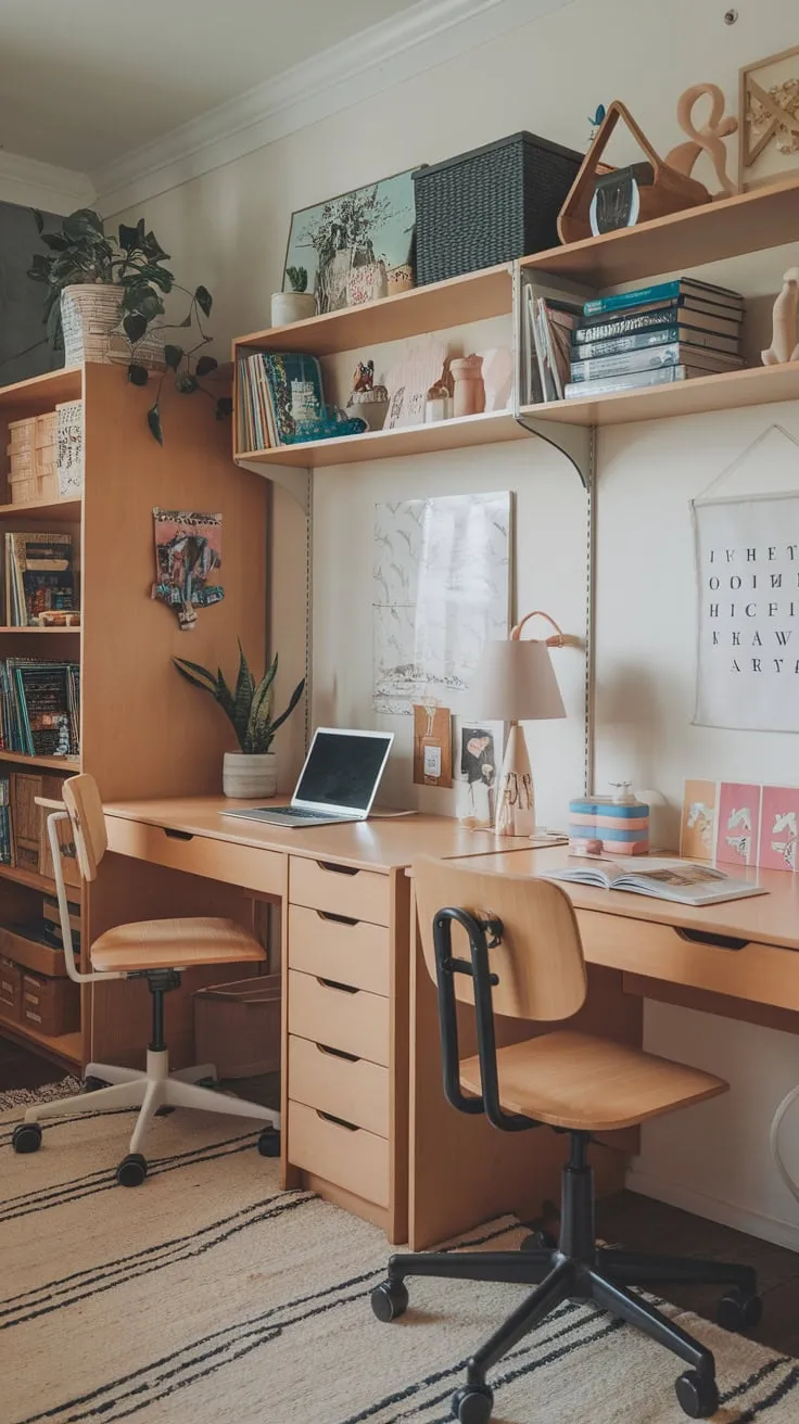 A double desk, books, lamps, and playful décor create the ideal kids study room for focused learning and creative exploration.