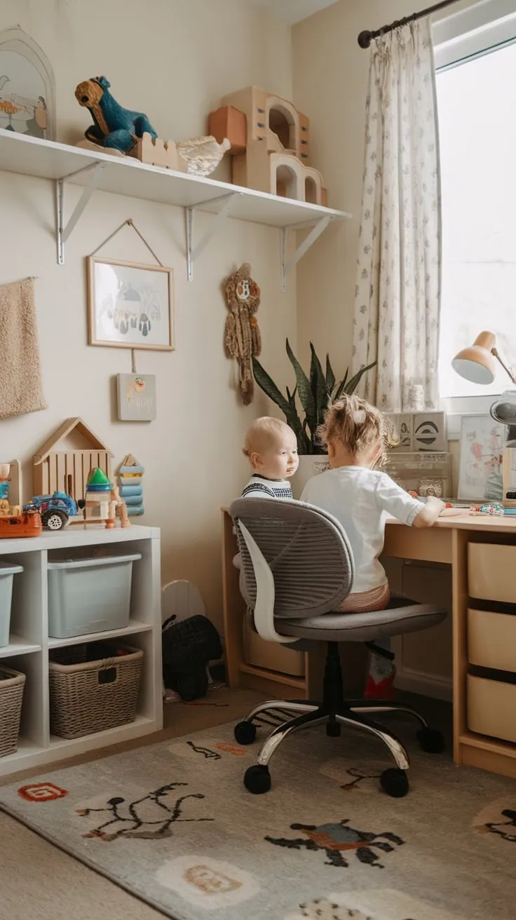 A cheerful playroom transforms into a functional study space, blending learning and play for siblings.