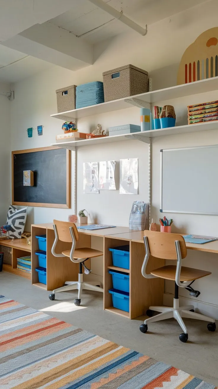 A bright kids' study room features a double desk, ample storage, and interactive learning tools for focused sibling study sessions