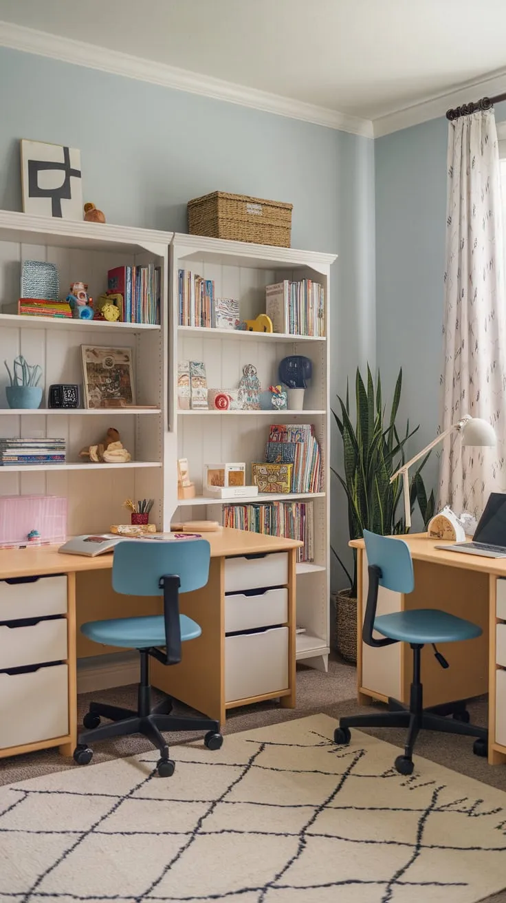 A cheerful light blue playroom features a double desk perfect for kids' studies, complete with books, toys, and a cozy atmosphere.