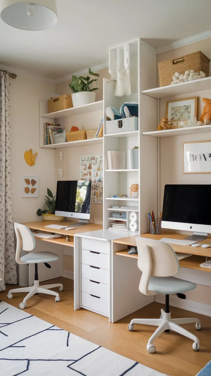 This playful yet functional kids' study room features various desks including an IKEA desk, a homeschool desk, and a double desk, creating a dynamic learning and play space for children of all ages.